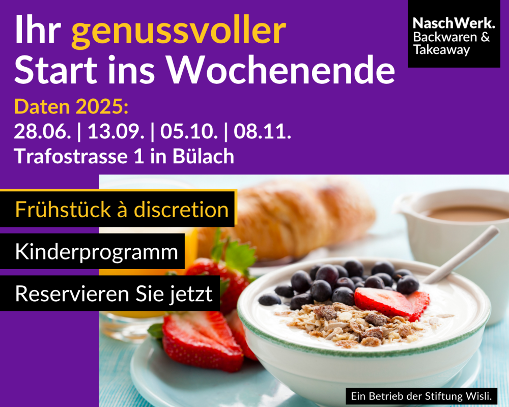 Frühstück à discrétion, Müsli mit Orangensaft, Kaffee und Gipfel, Kinderprogramm, im Naschwerk der Stiftung Wisli
