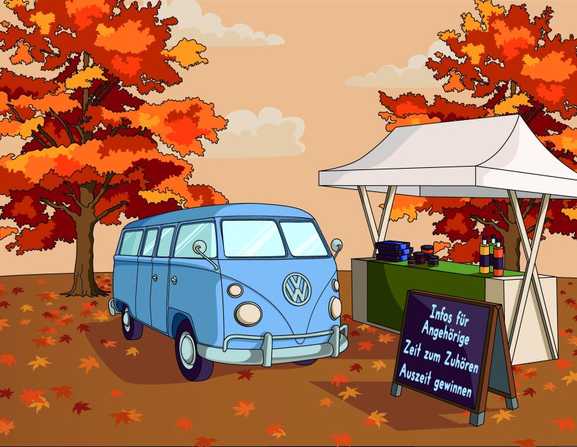 Ein blauer VW-Bus mit einem Markstand und herbstlichen Bäumen mit orange-rotem Laub.
